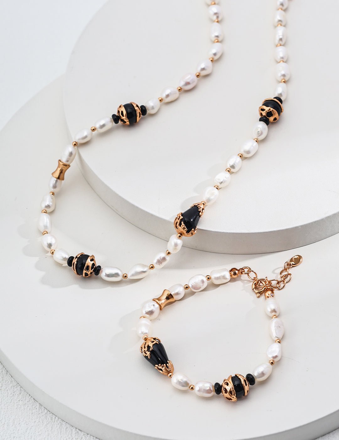 Pearl Agate Necklace and Bracelet with Gold - Plated Silver by ronny