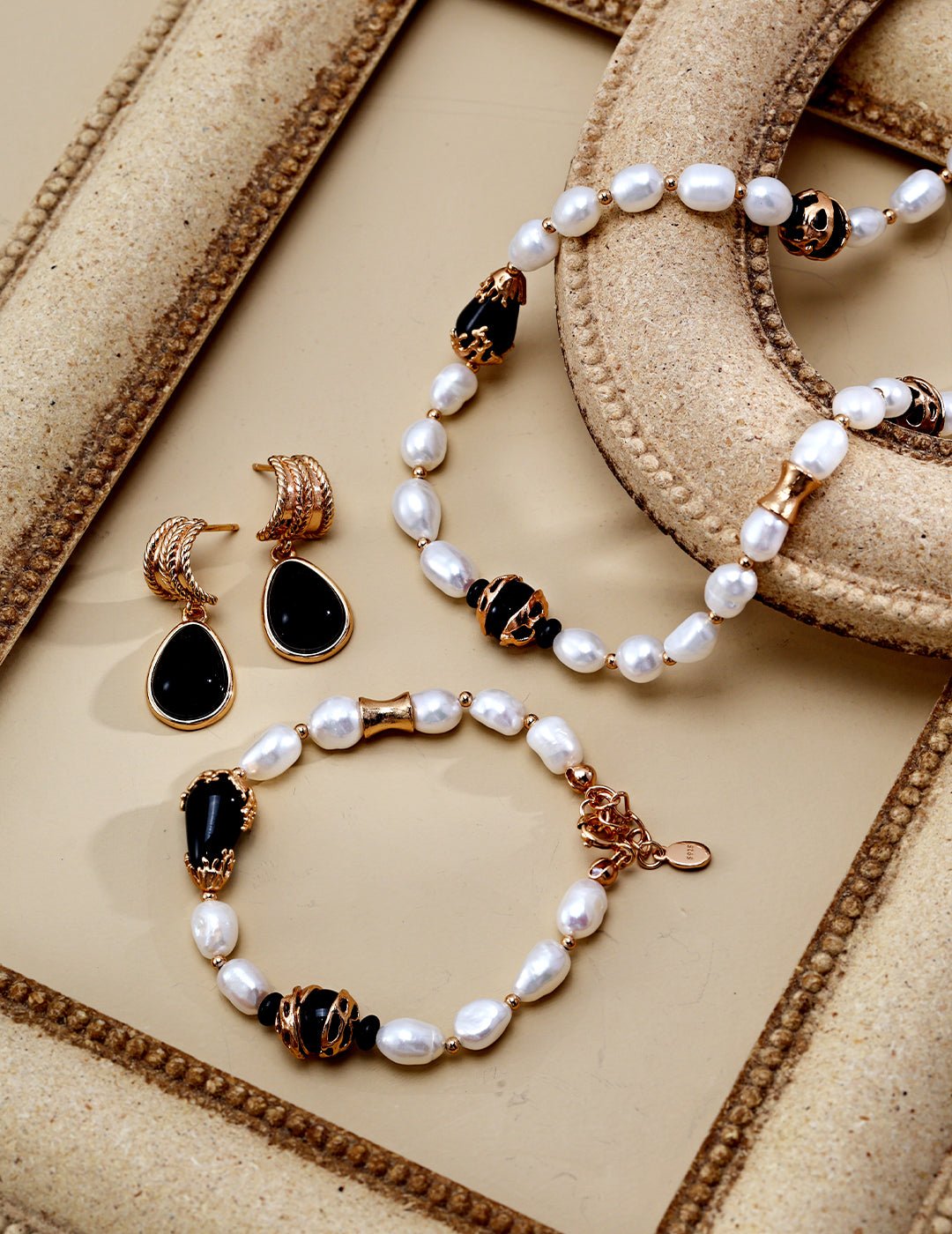 Pearl Agate Necklace, Bracelet, and Earrings with Gold - Plated Silver by ronny