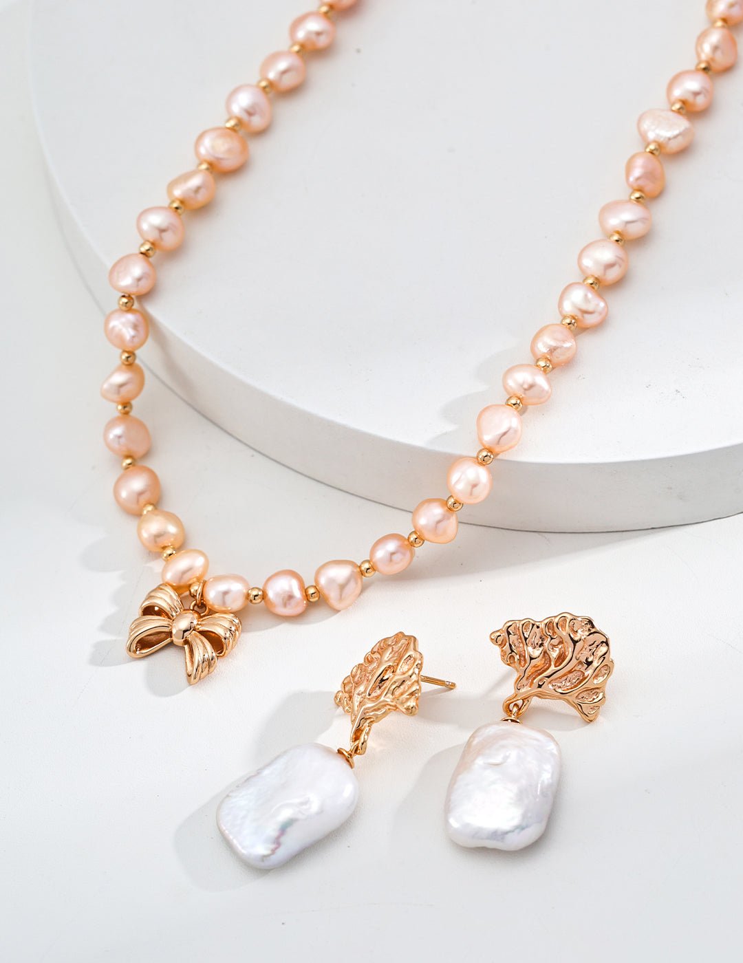 Natural Pink Pearl with matching Earrings on Gold - Plated Silver by ronny