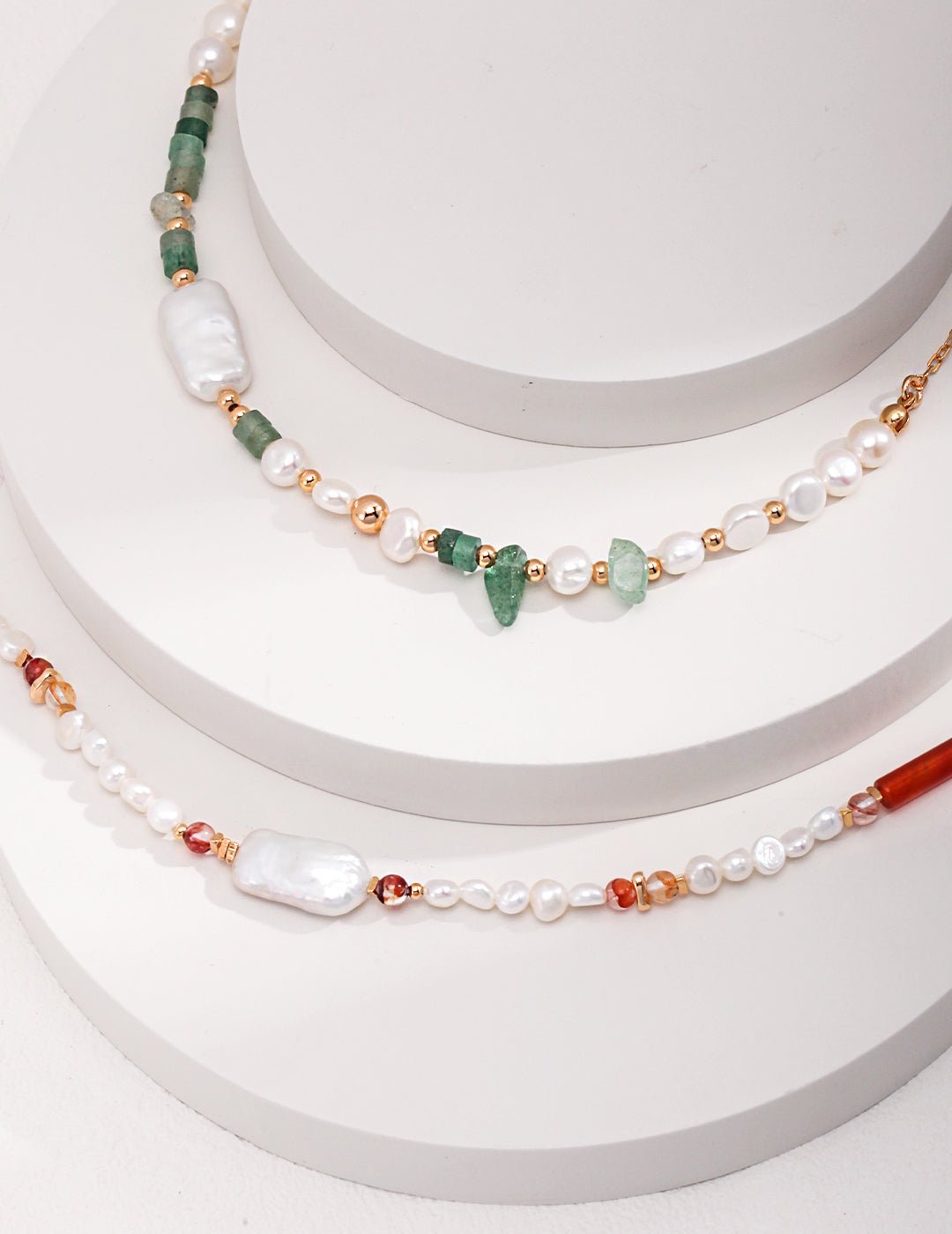 Quartzite Jade and Pearl Necklaces with Gold - Plated Silver by ronny