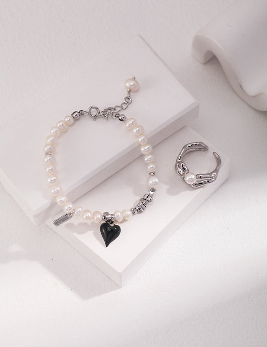 Natural Pearl and Drip Glaze Bracelet with matching Ring on Silver - by ronny