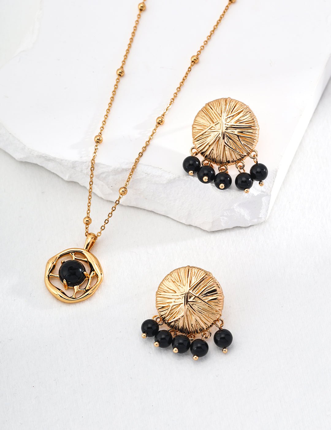 Black Onyx Earrings and matching Necklace with Gold - Plated Silver by ronny