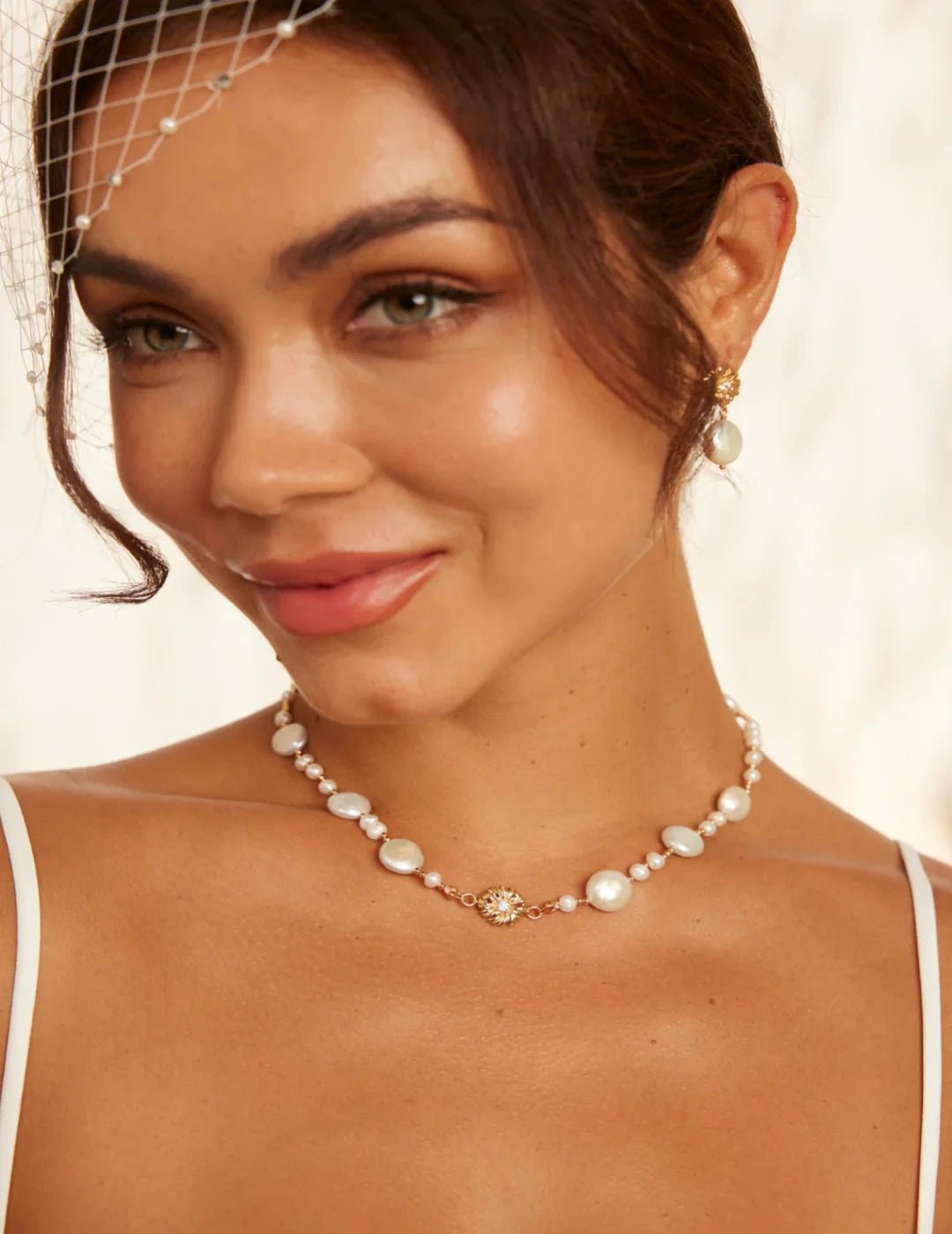 Pearl and Zircon Necklace with Gold - Plated Silver and matching Earrings by ronny