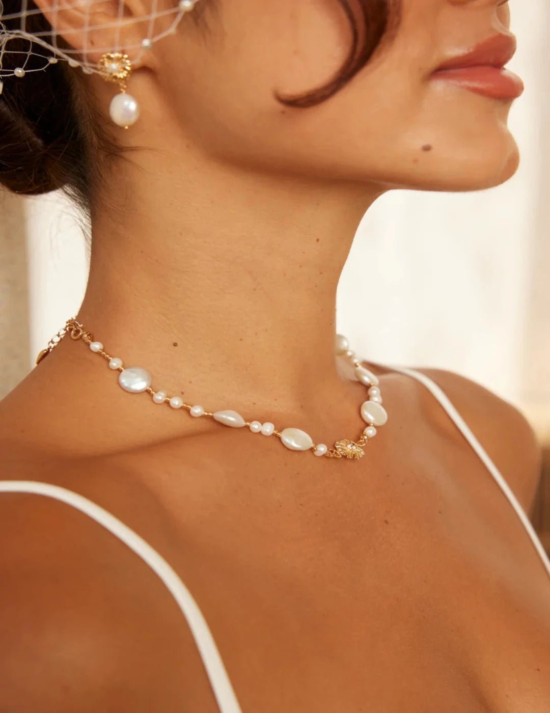 Pearl and Zircon Necklace with Gold - Plated Silver and matching Earrings by ronny