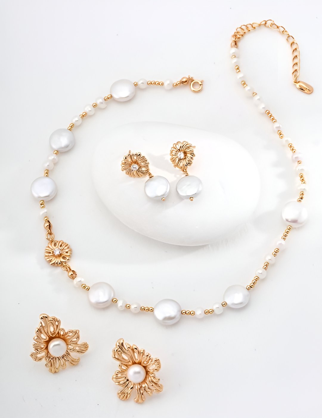 Pearl and Zircon Necklace with Gold - Plated Silver and matching Earrings by ronny