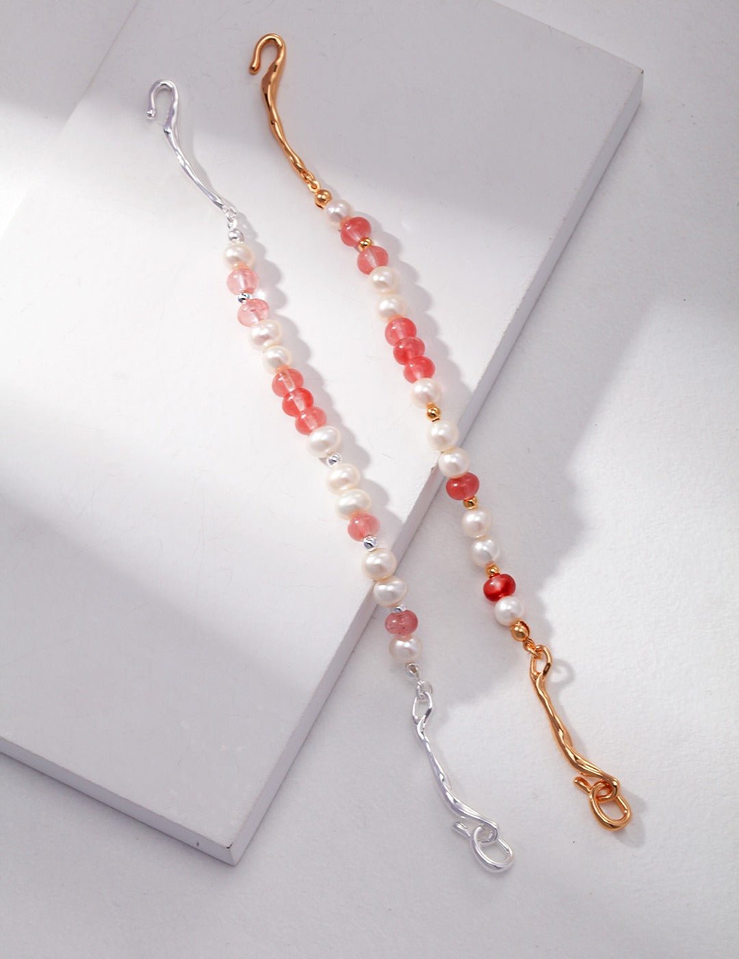 Strawberry Quartz Bracelet with Pearl on Gold - Plated Silver by ronny