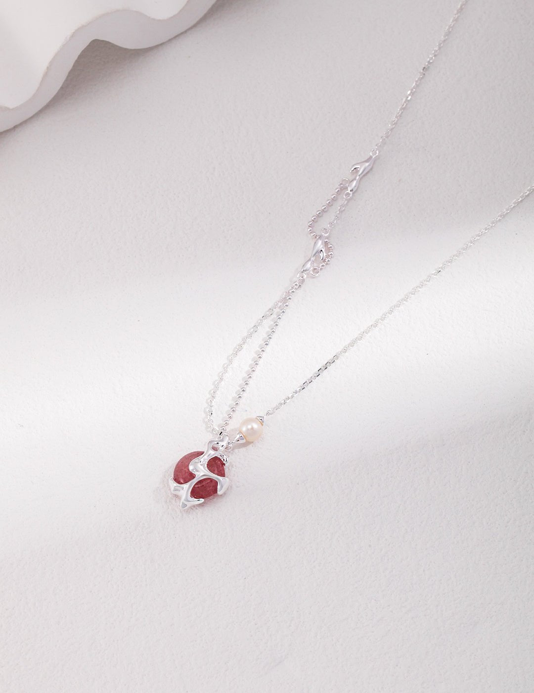 Strawberry Quartz & Pearl Necklace on Silver by ronny