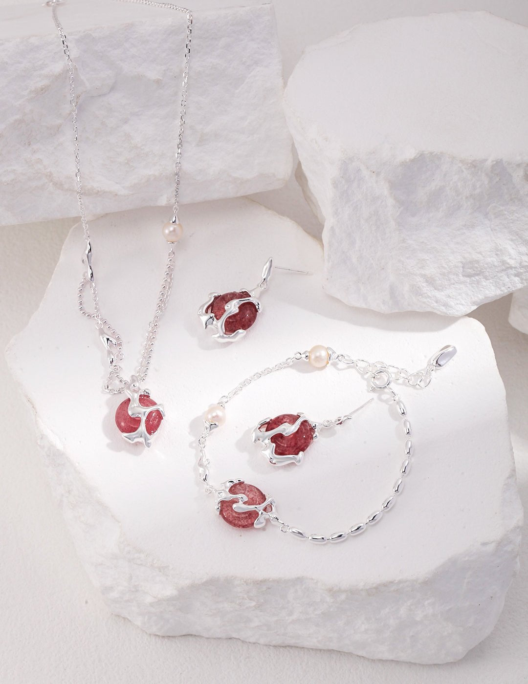 Strawberry Quartz & Pearl Necklace, Bracelet, and Earrings on Silver by ronny