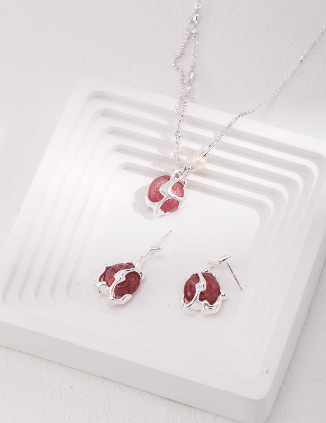 Strawberry Quartz & Pearl Necklace and Earrings on Silver by ronny