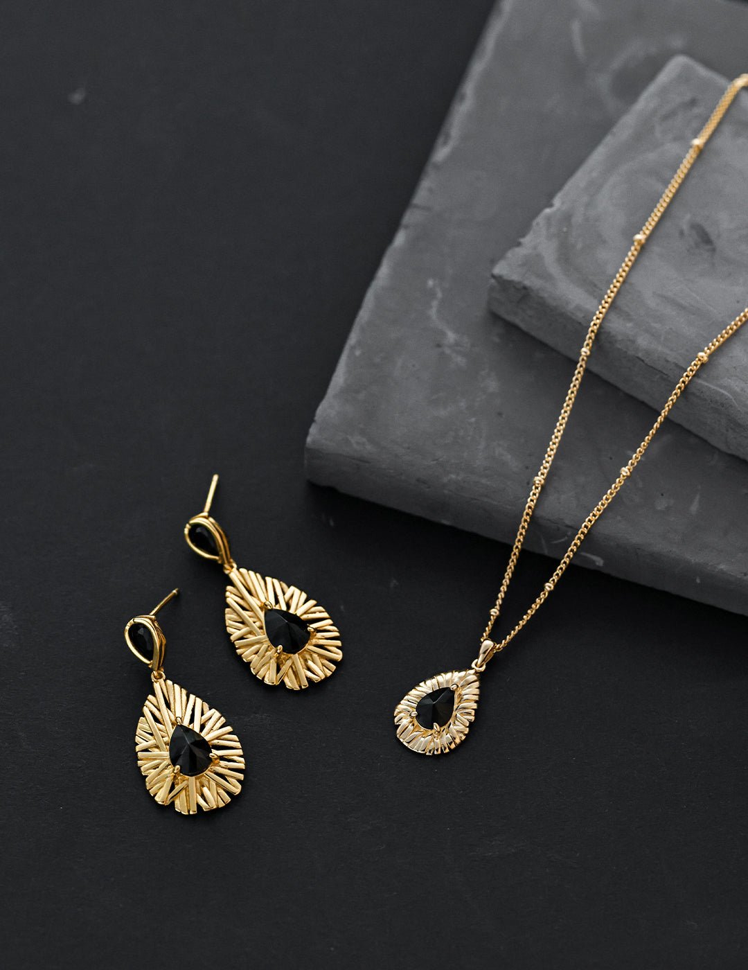 Black Zircon Pendant Necklace with matching Earrings on Gold - Plated Silver by ronny