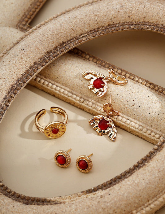 Red Agate Studs with matching Earrings and Ring on Gold - Plated Silver by ronny