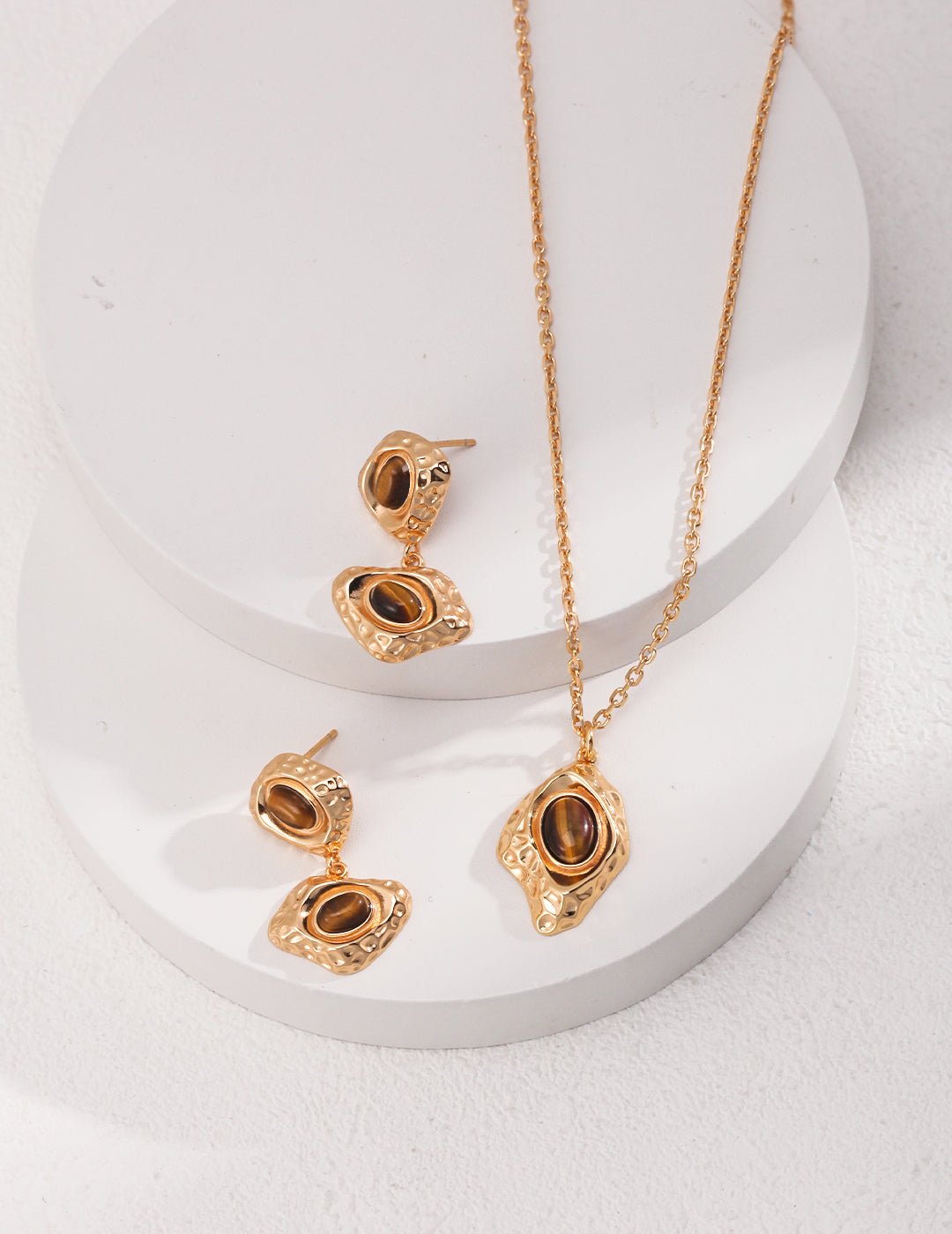 Tiger Eye Pendant Necklace with matching earrings on Gold - Plated Silver by ronny