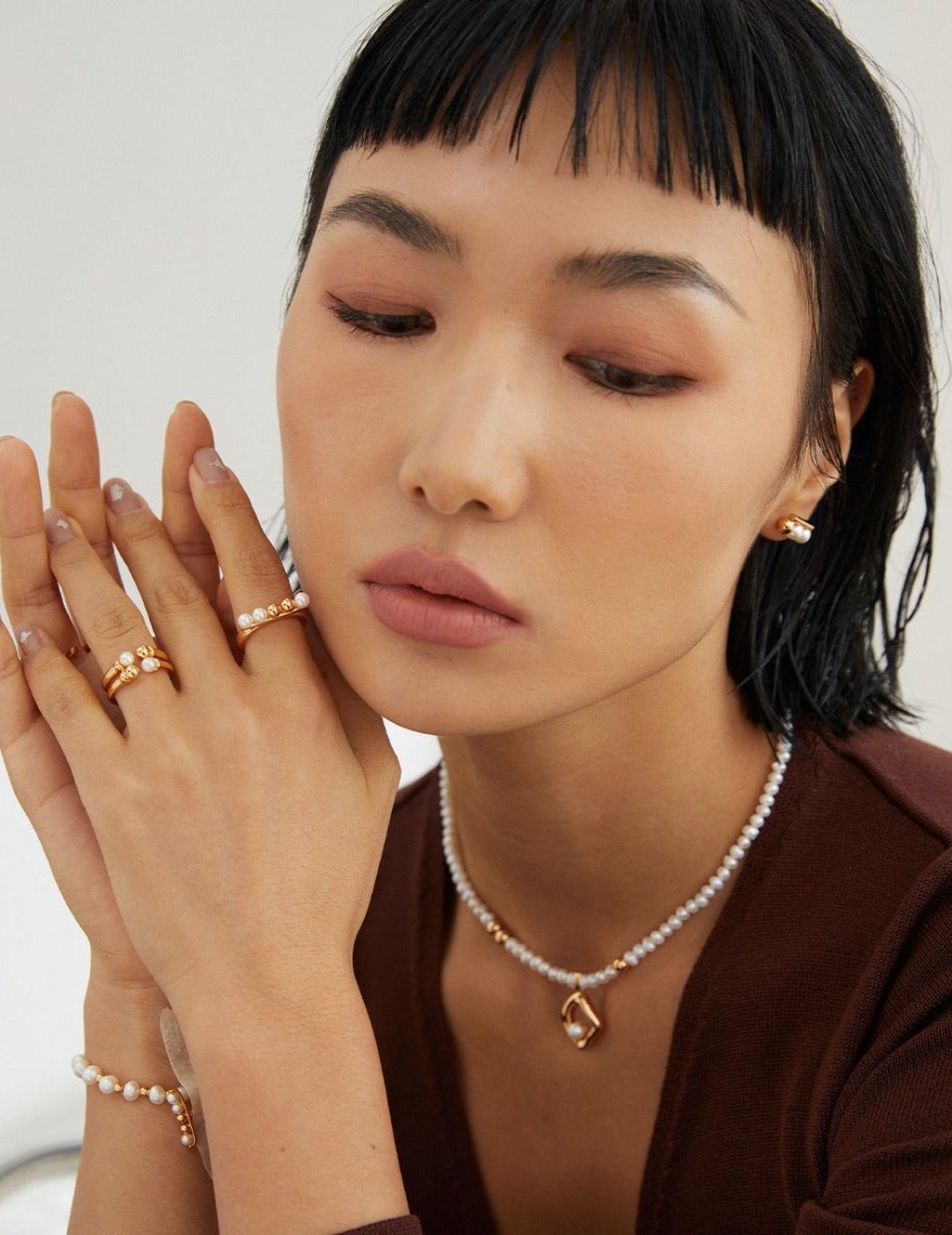 Natural Pearl Rings with matching Necklace, Earrings, and Bracelet on Gold-Plated Silver by ronny