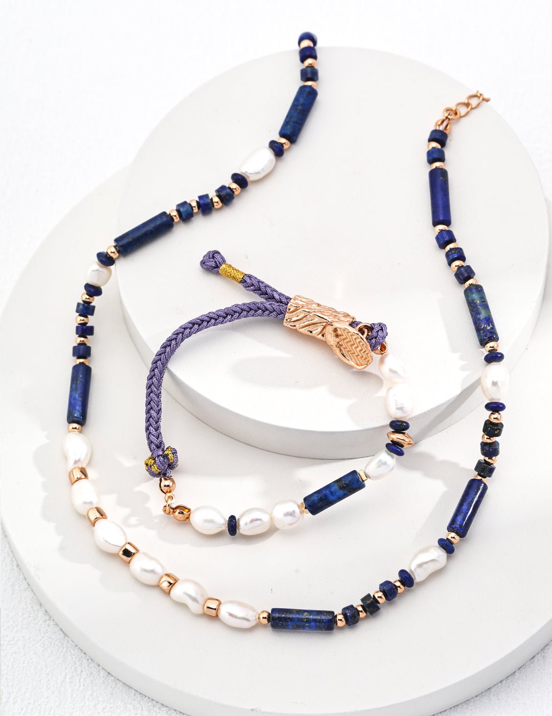 Braided Hemp, Lapis, and Pearl Bracelet with matching Necklace on Gold-Plated Silver by ronny