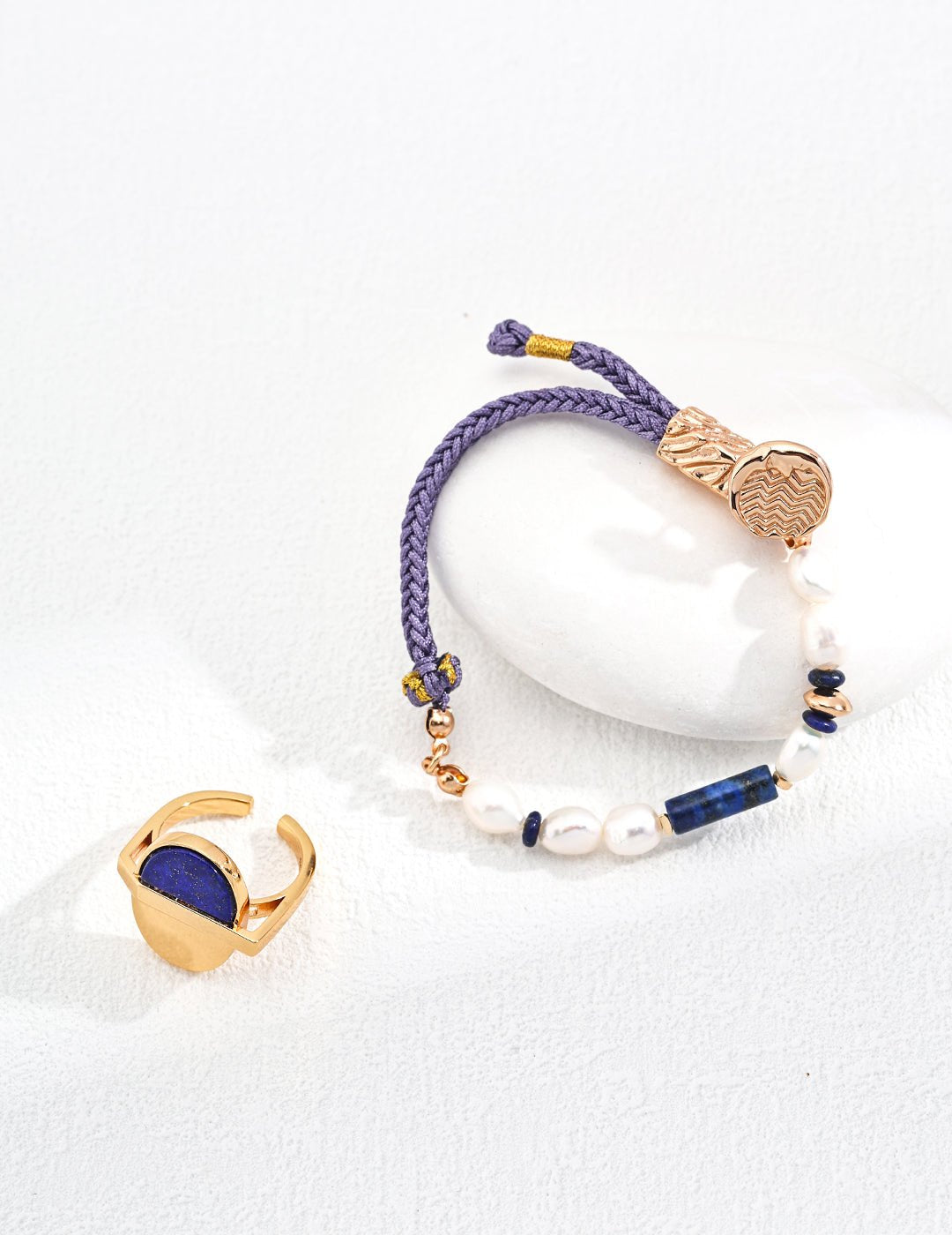 Braided Hemp, Lapis, and Pearl Bracelet with matching Ring on Gold-Plated Silver by ronny