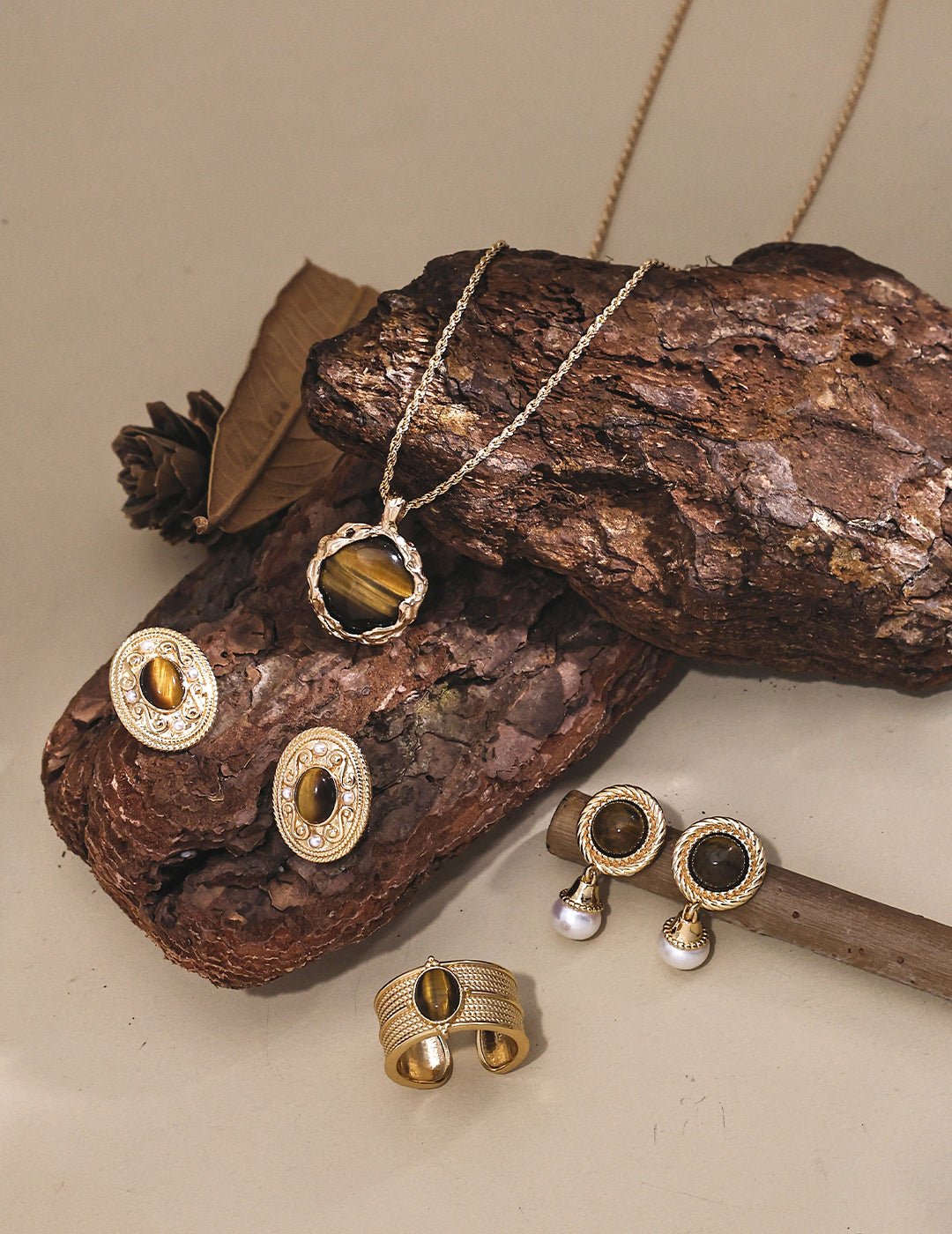 Tiger Eye Earrings, Ring, Necklace with Gold - Plated Silver by ronny