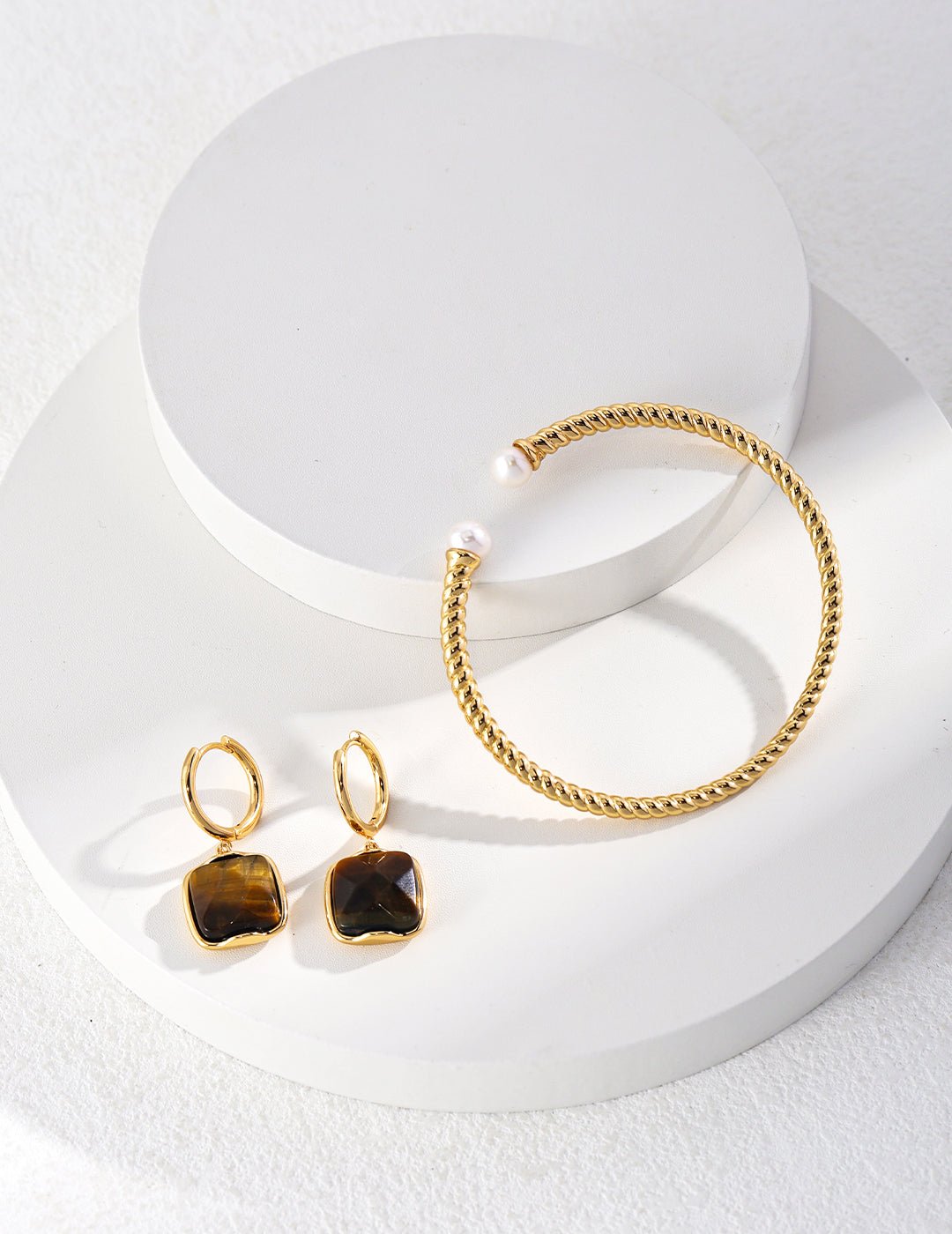 Tiger Eye Earrings with matching Bangle on Gold - Plated Silver by ronny