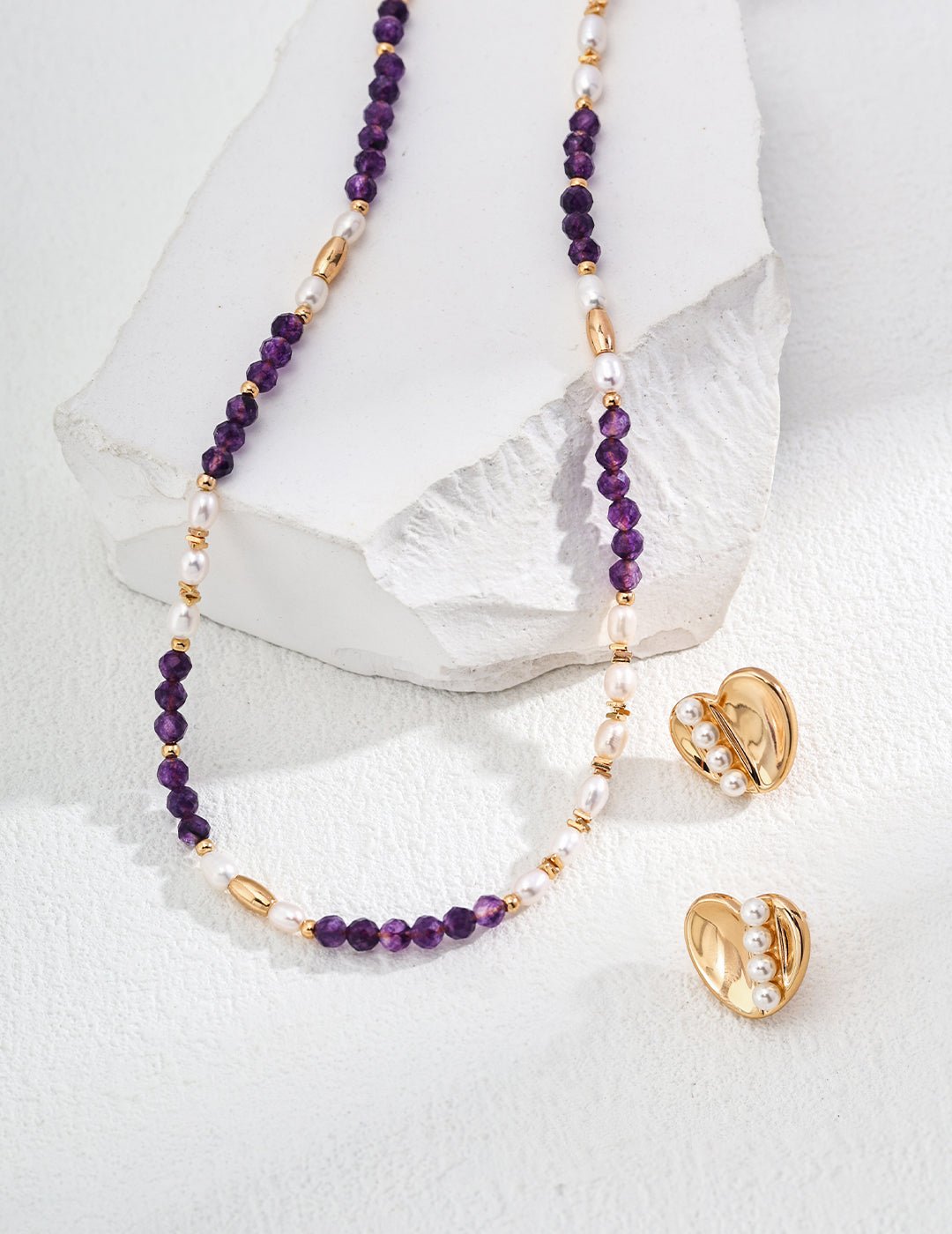 Pearl and Amethyst Necklace with matching Studs on Gold - Plated Silver by ronny