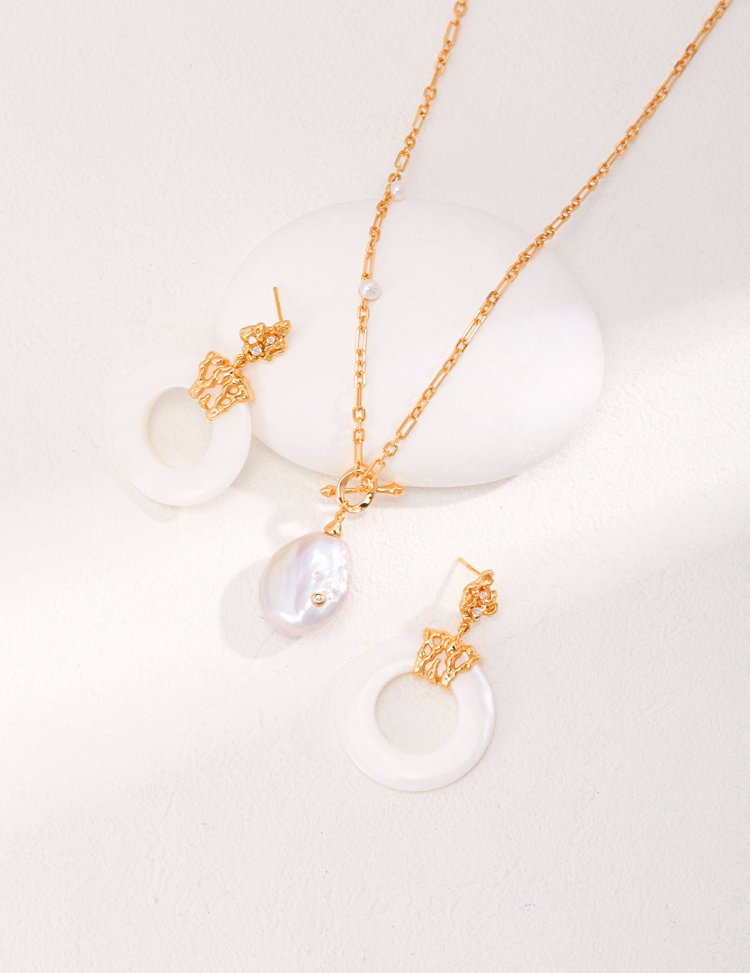 Shell and Zircon Earrings with matching Pearl Necklace on Gold - Plated Silver by ronny