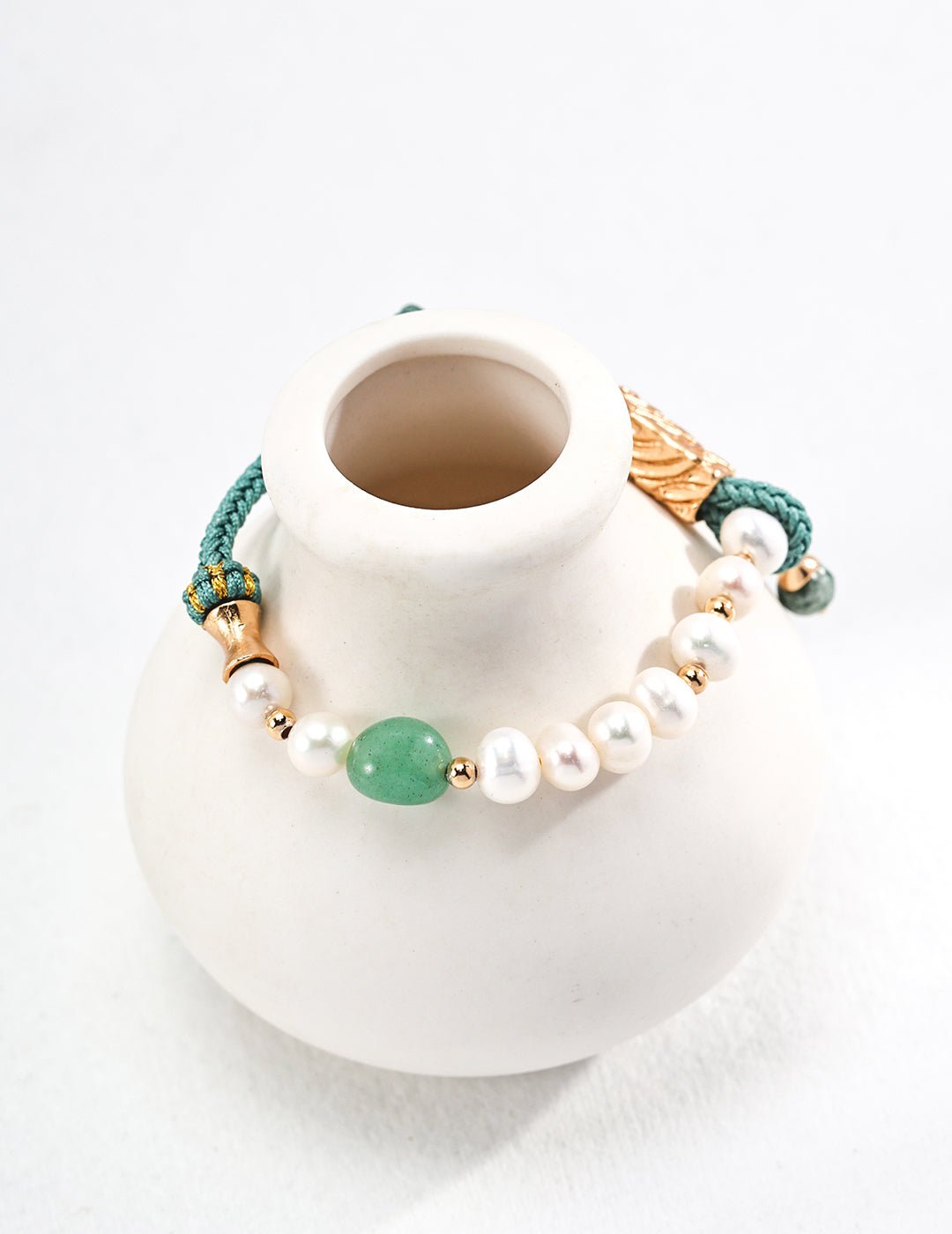 Jade, Pearl, and Hemp Bracelet on Gold - Plated Silver by ronny