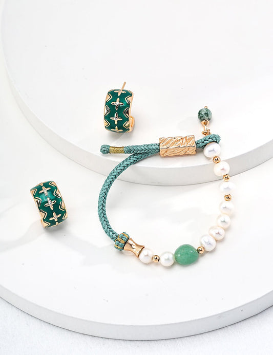 Jade, Pearl, and Hemp Bracelet with matching Earrings on Gold - Plated Silver by ronny