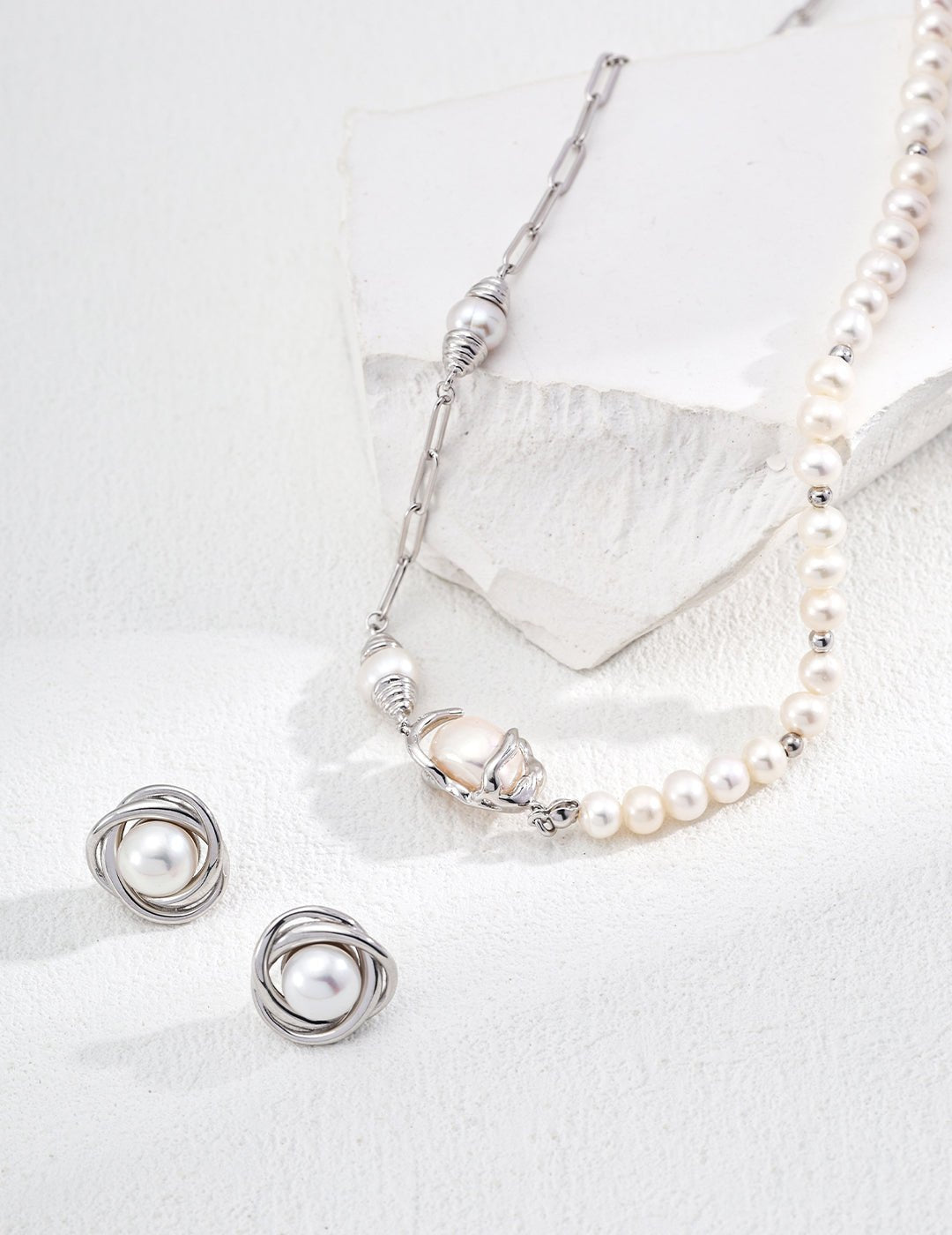 Natural Pearl Studs with matching Necklace on Silver by ronny