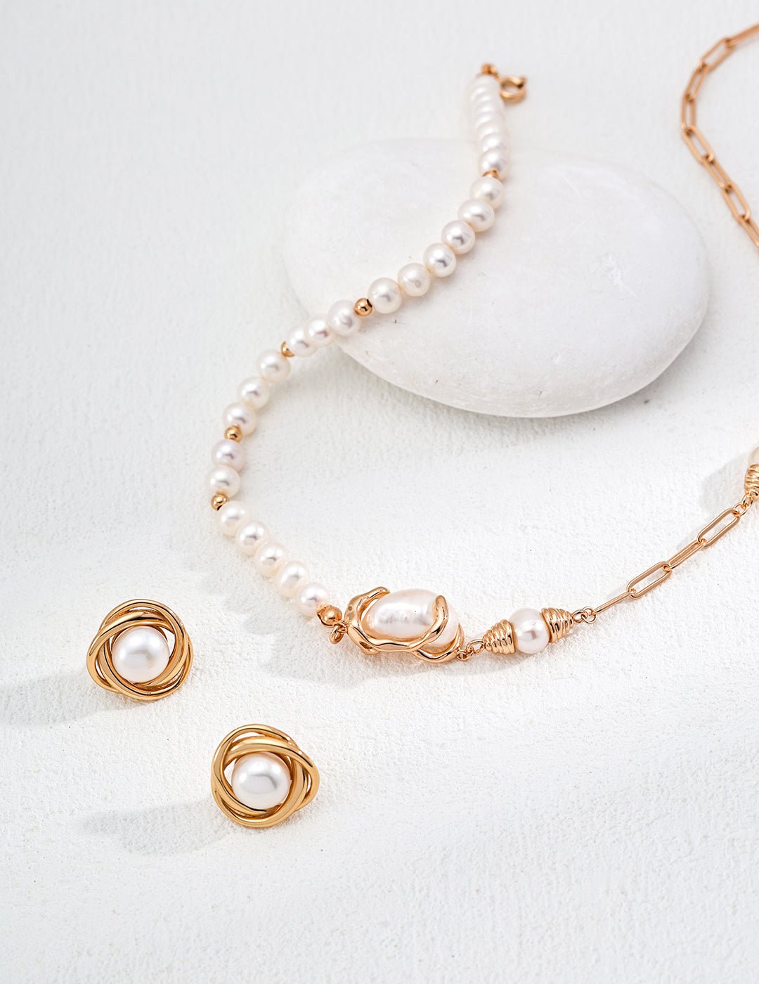 Natural Pearl Studs with matching Necklace on Gold - Plated Silver by ronny